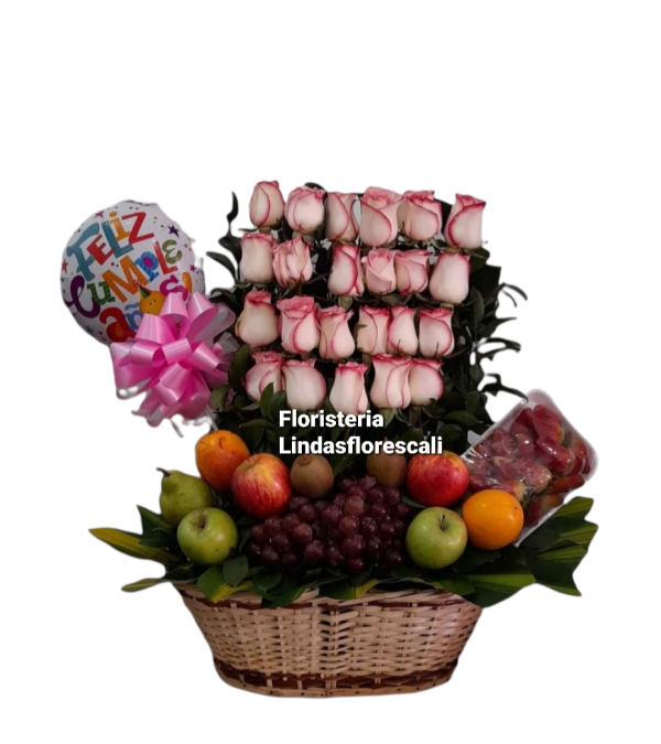 Canasta de Rosas Rosadas y Frutas 