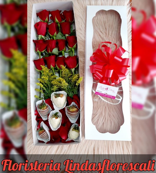 Caja De Rosas y Fresas con Chocolate